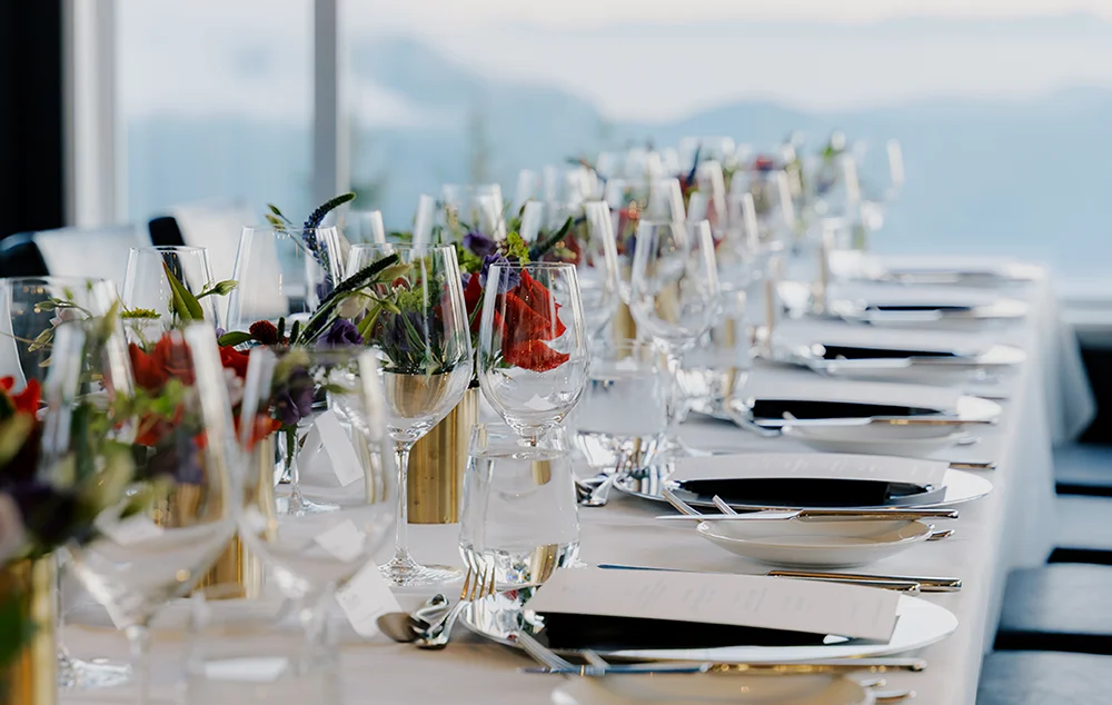 Party table setting at Alpina Restaurant, Villa Eyrie Resort