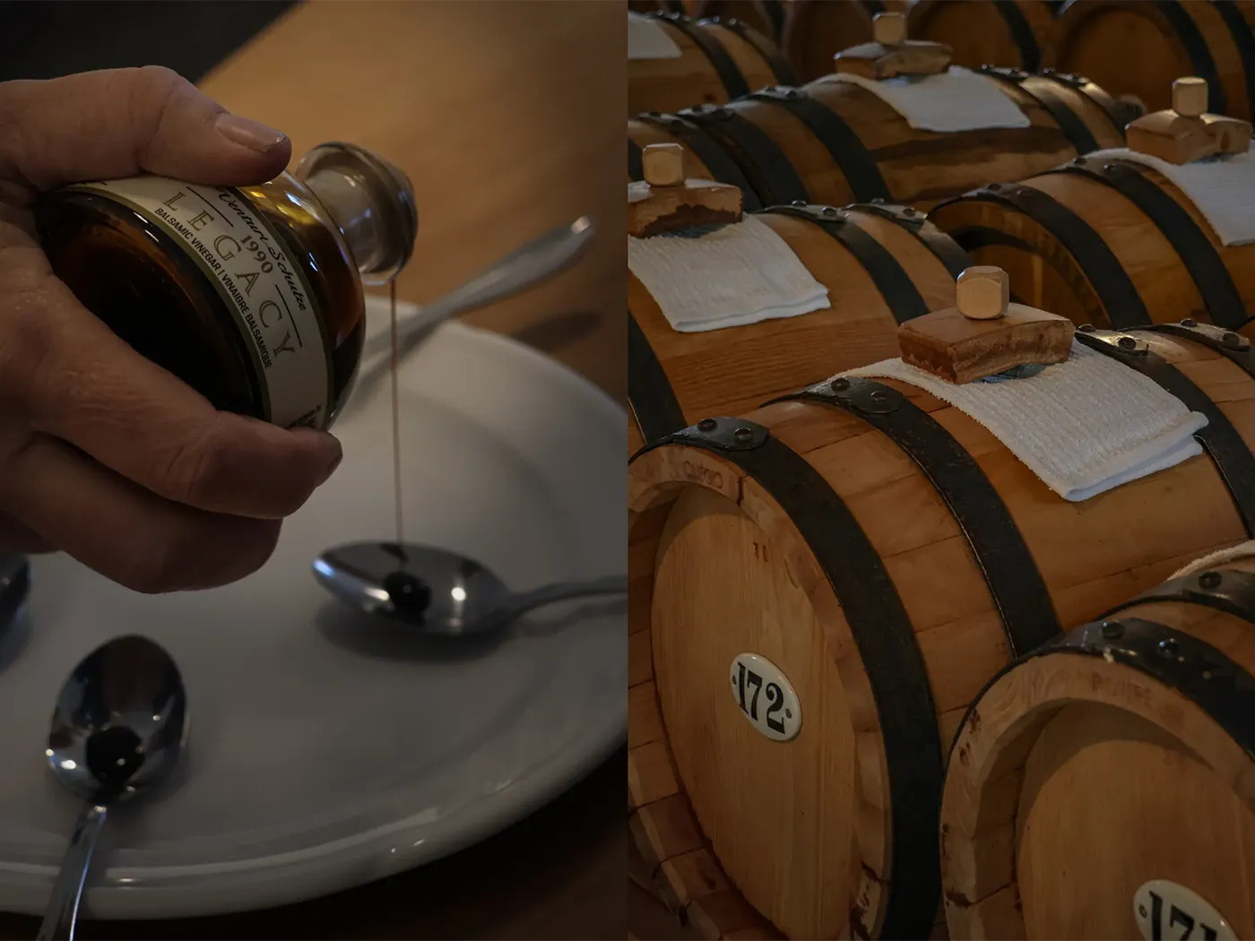 Pouring artisanal balsamic vinegar onto testing spoons and barrels of vinegar.